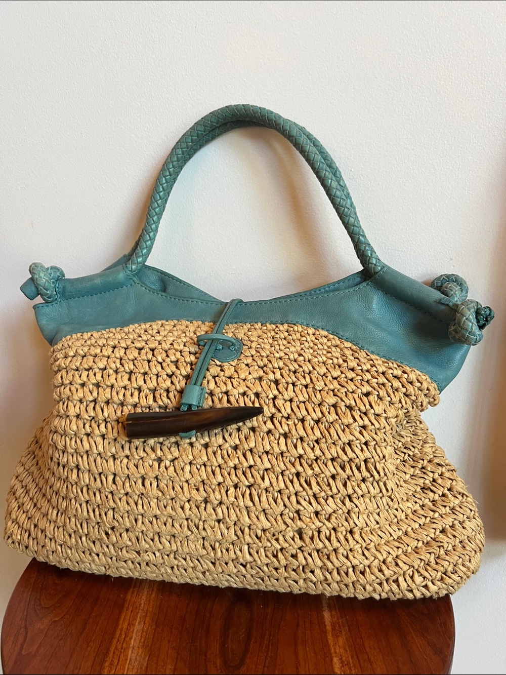 Foley + Corinna Straw Tote with Teal Leather Trim toggle closure zm